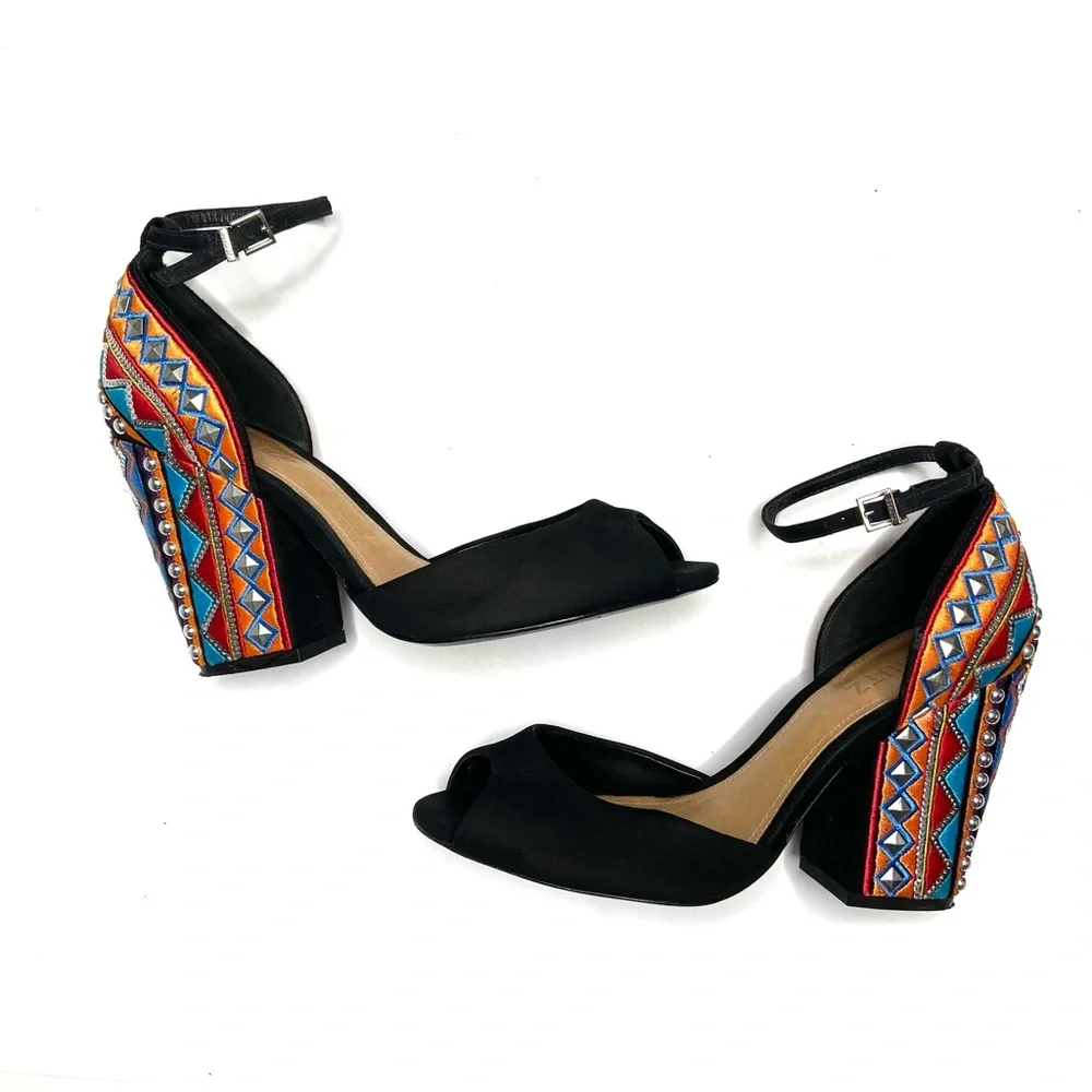 Schutz Black Suede Open Toe Ankle Strap Embroidered Block Heel Size 38